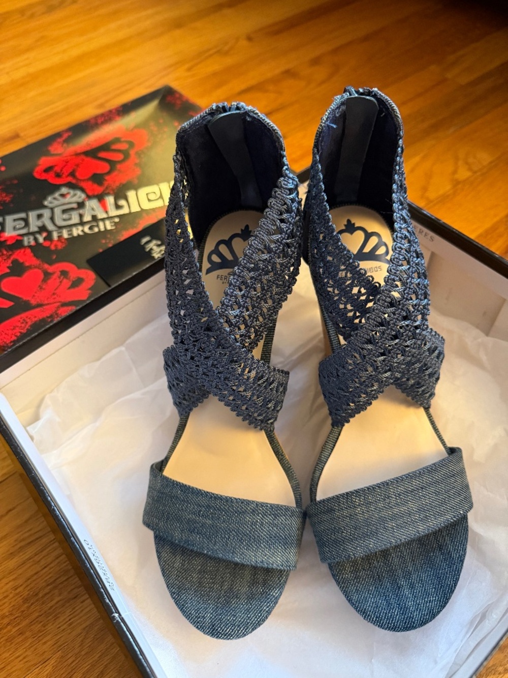 Fergalicious by Fergie Denim Strappy Wedge Sandals Blue Women’s 7.5M Zipper